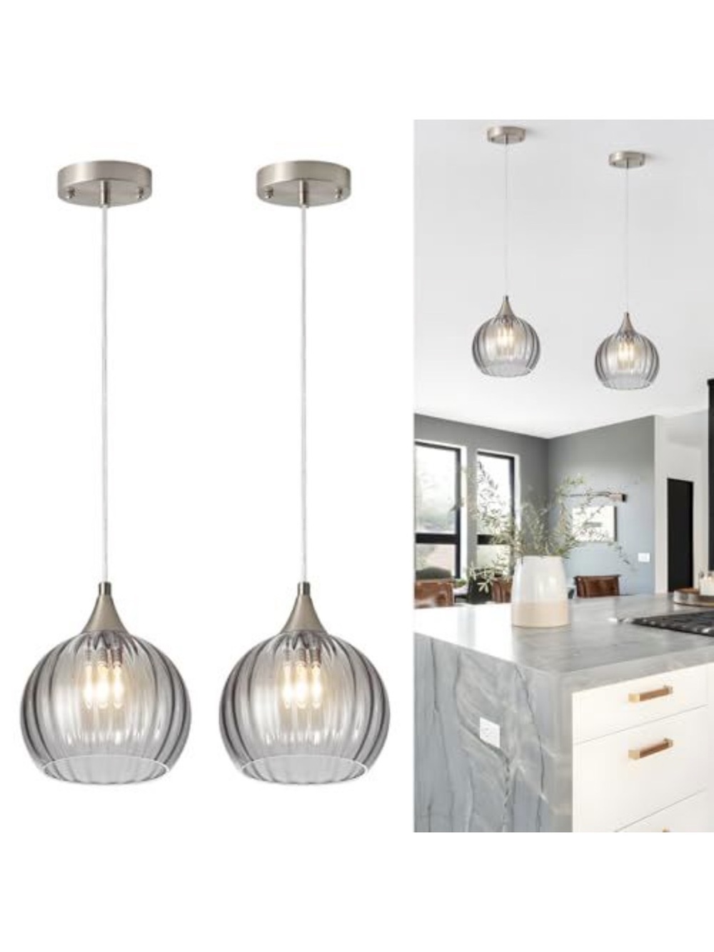 Set of 2 Ribbed Glass Pendant Lights - Smoky Gray